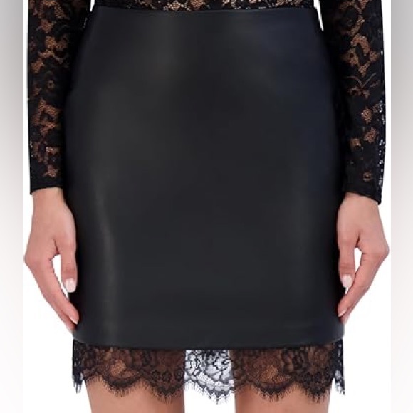 BCBG Black Faux Leather Skirt with Lace Trim - Picture 2 of 7